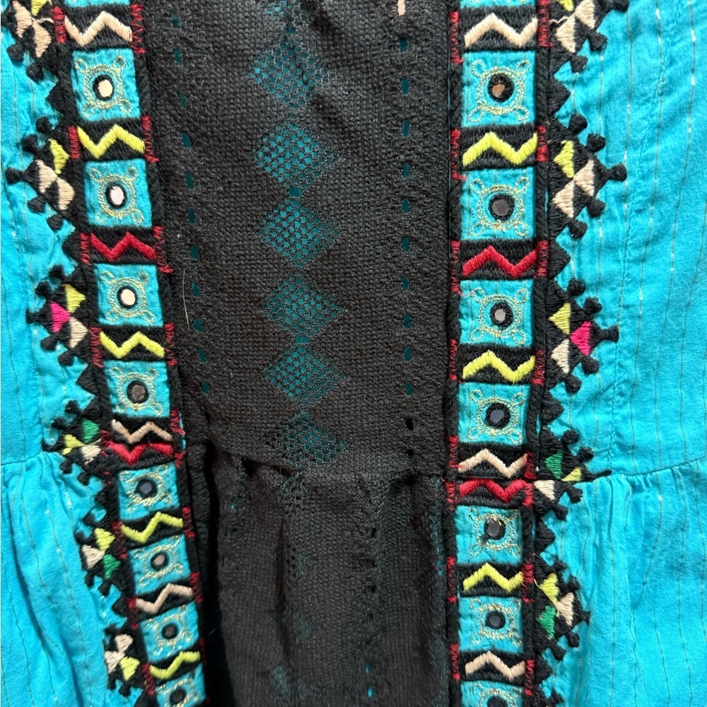 Free People Women’s Black and Teal Embroidered Sleeveless dress-runs small - Picture 2 of 4